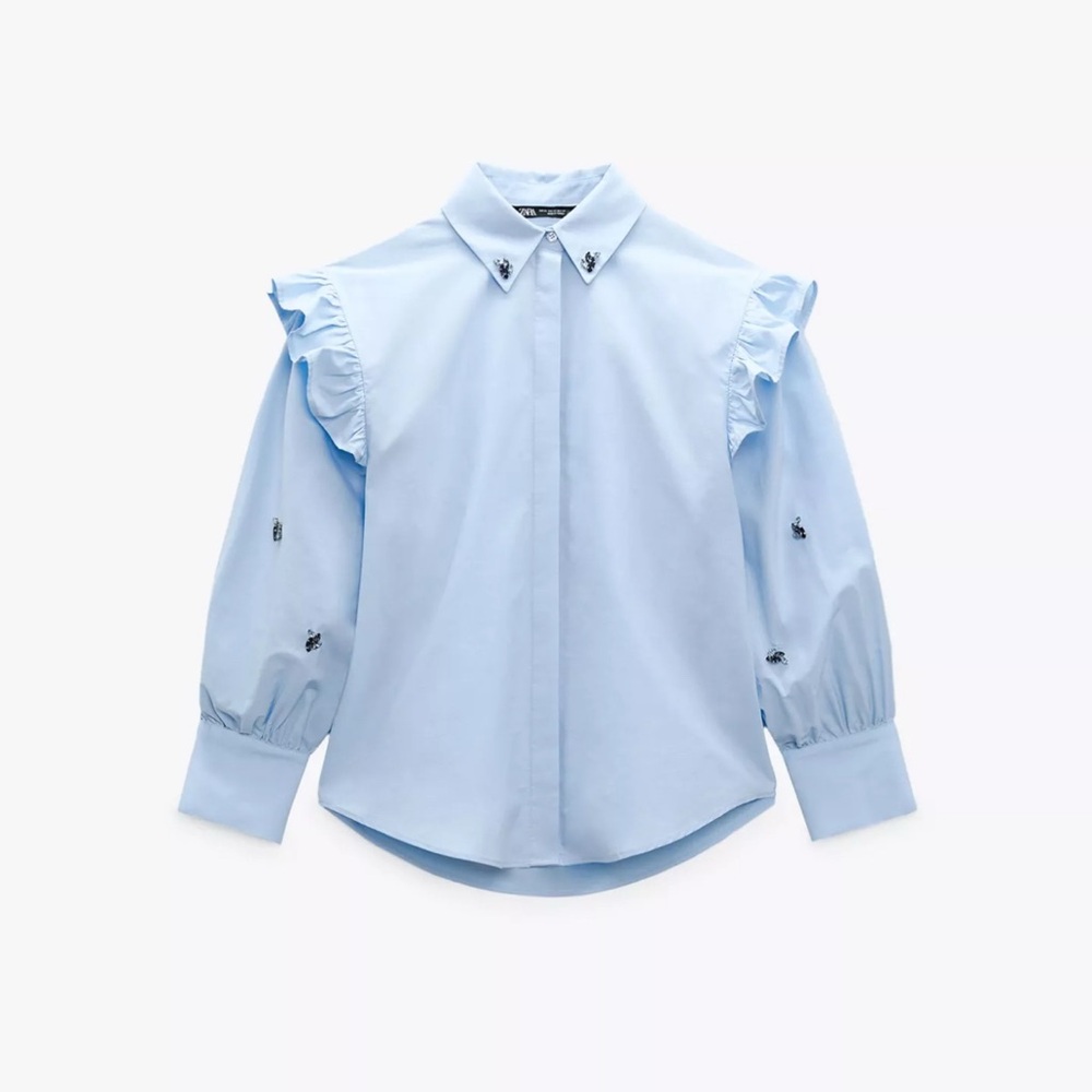Zara Light Blue Ruffled Blouse with Jewels